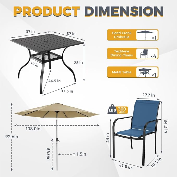 5-Piece Patio Dining Set with Umbrella,4 Person Outdoor Table and Chairs Set, 4 Metal Dining Chairs and Square Outdoor Table with 1.57" Umbrella Hole,Blue