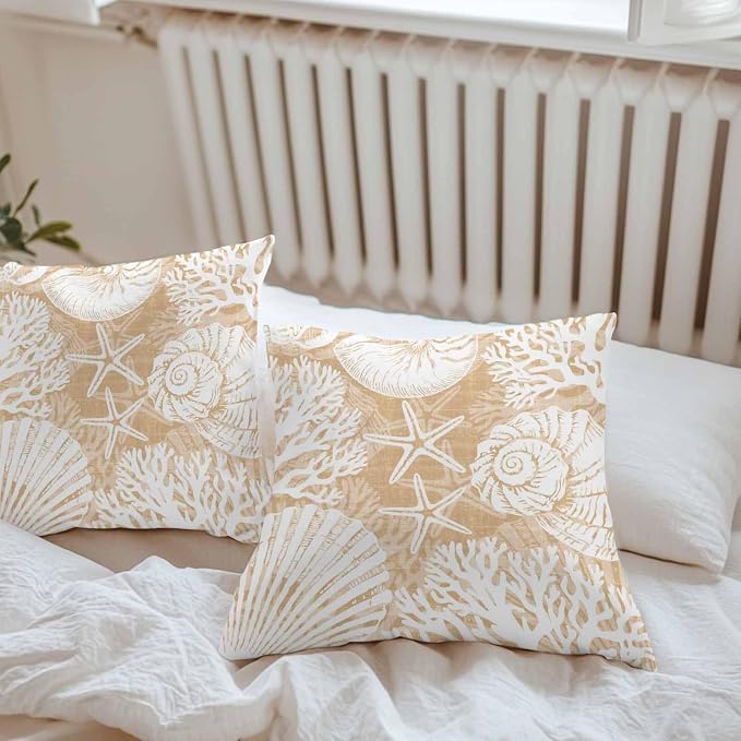 Outdoor Pillow Covers 18x18 Inch Set of 2, Light Brown Starfish Coastal Waterproof Throw Pillow Covers, Summer Coral Shell Beach Nautical Decorative Cushion Pillowcases for Couch Sofa Bed Garden Patio