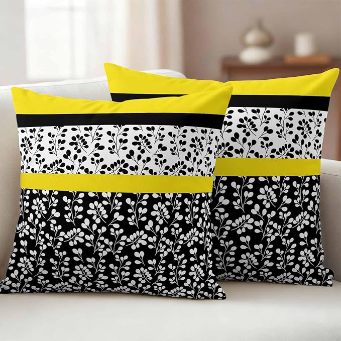 Black Yellow Outdoor Pillow Covers 16x16 Inch Throw Pillow Covers Set of 2 Waterproof Decorative Pillow Cases Garden Floral Stripe Aesthetic Flower Boho Cushion Covers for Patio Furniture Garden Couch