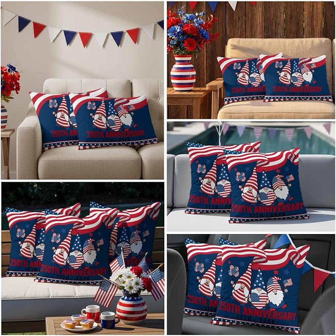 250th Anniversary Outdoor Pillow Covers 24"x24" Set of 2, Patriotic Gnome USA Flag Independence Day Waterproof Throw Pillow Covers for Patio Furniture, Decorative Cushion Covers for Porch