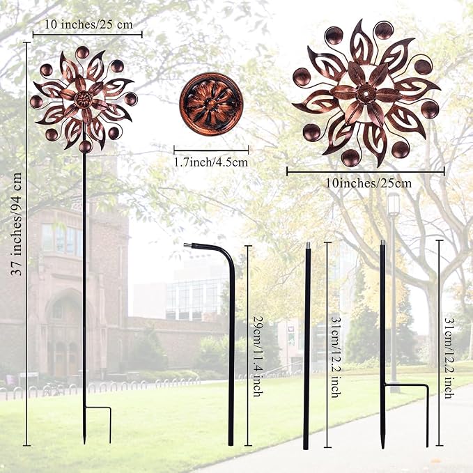 VEWOGARDEN 2PCS Outdoor Wind Spinner,Metal Wind Spinners Yard Decor Pinwheel,Copper Wind Sculptures & Spinners for for Garden, Patio, Lawn(10" Dia * 37" H)