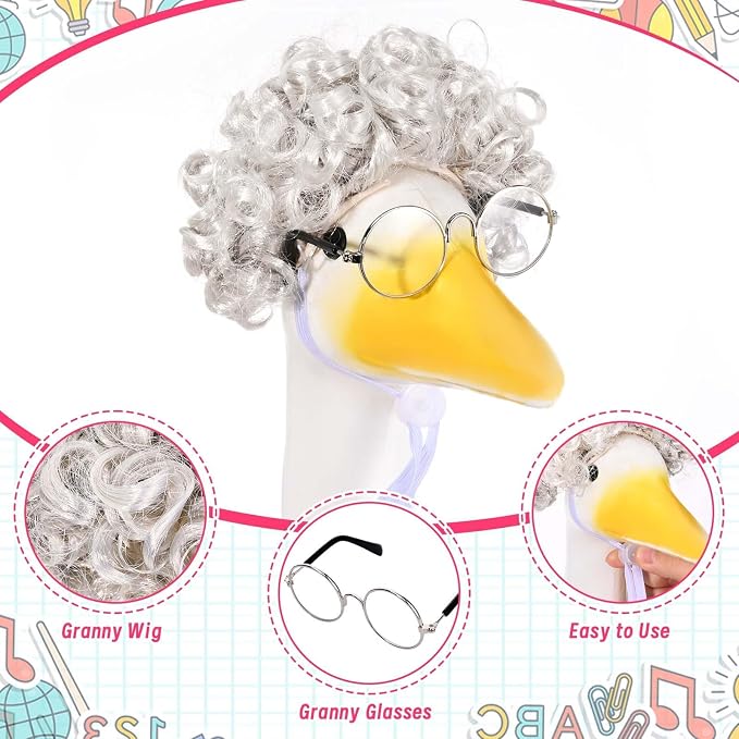 JcHrmers Old Lady Goose Outfits Porch Goose Clothes Fits 23" Cement Plastic Goose Statue Grandma Goose Outfit with Wig Glasses Pearl Necklace for School Outdoor Garden Lawn Yard Patio Art Decor