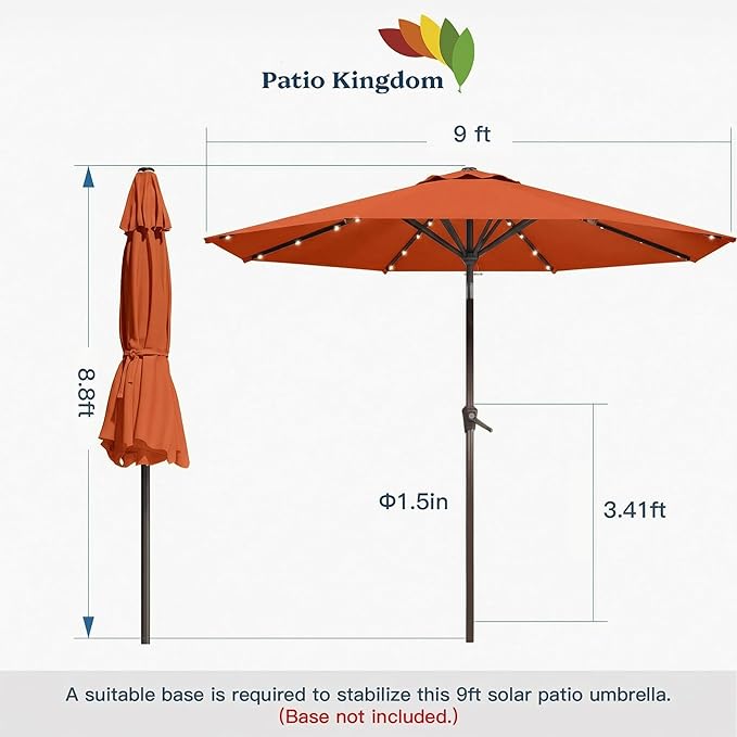 9FT Solar Umbrella 32 LED Lighted Patio Umbrella Table Market Umbrella w/Tilt and Crank, UV-Resistant Outdoor Umbrella for Pool, Garden, Deck, Terracotta