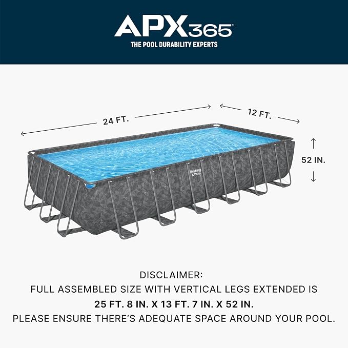 Bestway APX 365 24' x 12' x 52" Above Ground Pool, Rectangular Metal Frame Outdoor Swimming Pool Set with Sand Filter Pump, Ladder, and Cover, Dark Marble