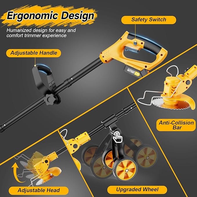 Electric Weed Wacker Cordless with Wheels,Electric Weed Eater Battery Powered,4 in 1 Grass Trimmer/Brush Cutter/Grass Edger/Small Lawn Mower,No String Trimmer with Metal Blade,2 Battery (Yellow)