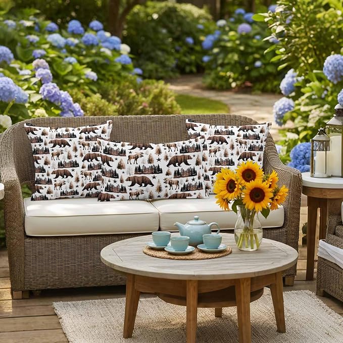 Brown Bear Elk Cabin Outdoor Pillow Covers 16x16 Inch Throw Pillow Covers Set of 2 Waterproof Decorative Pillow Cases Farmhousee Pine Tree Forest Cushion Covers for Patio Furniture Garden Couch Sofa
