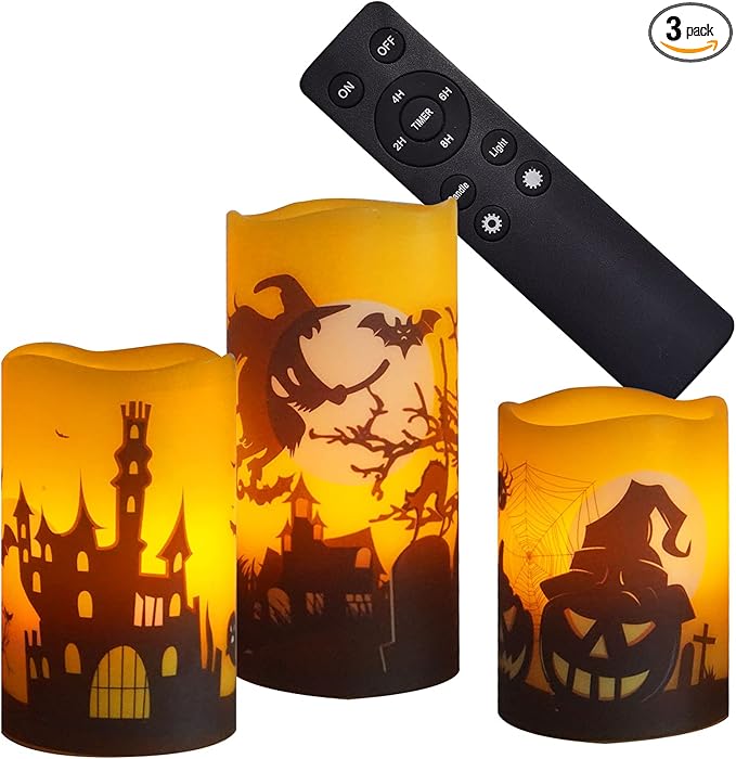 CANDLE CHOICE Halloween Flameless Candles with Remote Timer Real Wax Realistic Flickering Battery Operated LED Pillars with Decals Pumpkin Castle Bat Spider Witch for Halloween Party Decorations 3 PCS