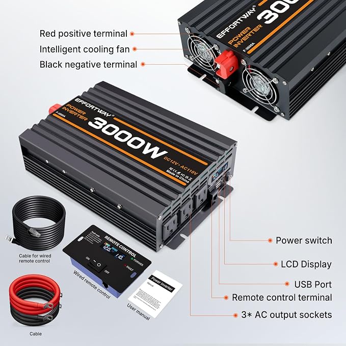 3000W Power Inverter, 12V DC to 110V/120V Modified Sine Wave Inverter with 3 AC Outlets, USB Port, Wired Remote Controller, Car Power Inverter for RV, Truck, Boat, Camping, Off-Grid
