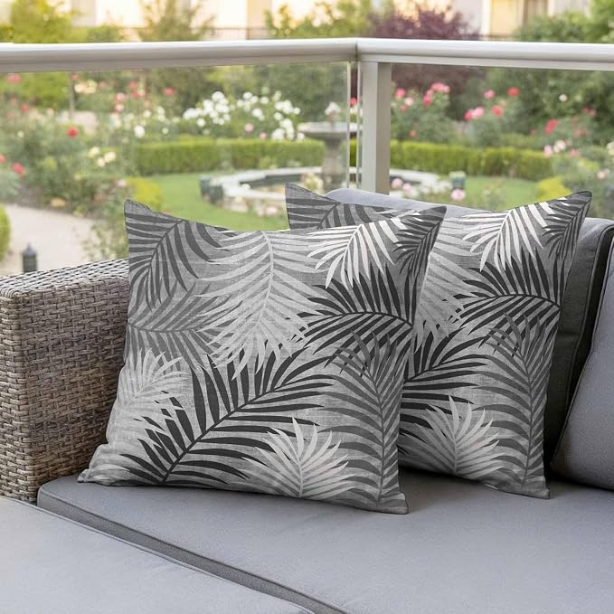 Outdoor Waterproof Throw Pillow Covers, Grey Palm Leaves Decorative Pillow Cases, Summer Botanical Tropical Leaf Couch Pillow Protector Patio Sofa Cushion Covers Replacement 16"x16" 2 Pack