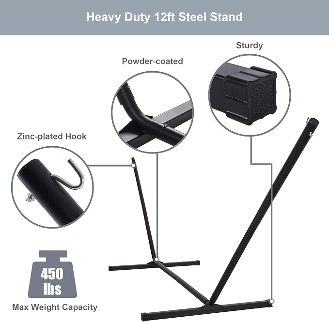 Double Hammock with Stand Included, Portable Hammock with Curved Spreader Bar, Pillow and Carrying Bag, 450 Lbs Capacity, Grey Pattern