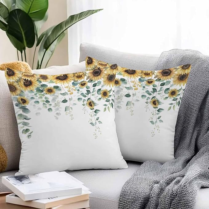 Vandarllin Outdoor Throw Pillows Covers 16x16 inch Set of 2 Waterproof Green Eucalyptus Leaves Decorative Zippered Cushion Covers for Patio Furniture, Watercolor Sunflower Lumbar Pillowcases