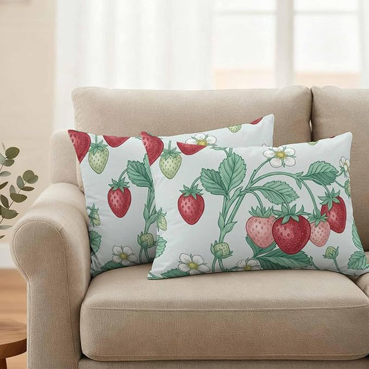 Strawberry Leaves Outdoor Pillow Covers 20"x12" Set of 2, Watercolor Red Pink Fruit Floral Mint Green Waterproof Throw Pillow Covers for Patio Furniture, Decorative Cushion Covers for Porch