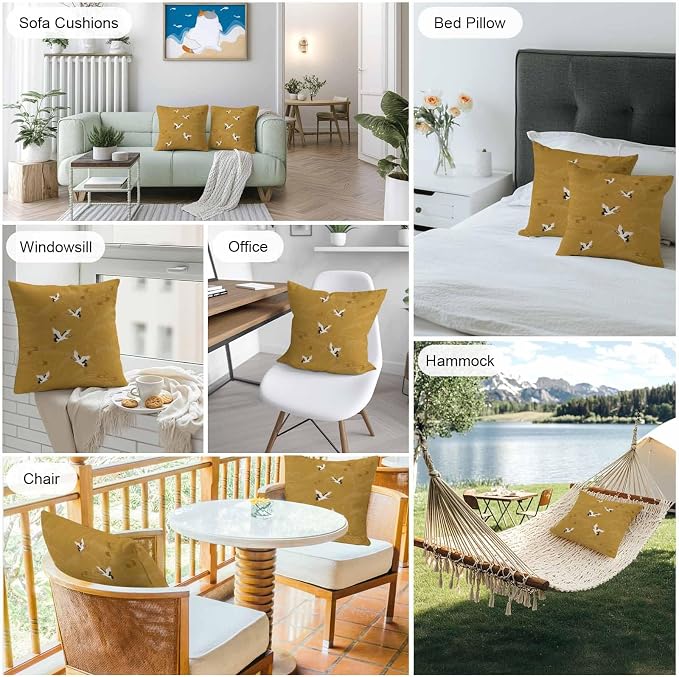 Japanese Style Outdoor Pillow Covers 18x18 Inch Throw Pillow Covers Set of 2 Waterproof Decorative Pillow Cases Vintage Art Cranes Ocean Wave Yellow Cushion Covers for Patio Furniture Garden Couch