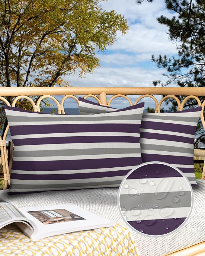 Outdoor Waterproof Pillow Covers for Patio Furniture Purple, Grey and White Stripes Decorative Throw Pillow Cover Farmhouse Stripe Pillowcases Set of 2 Cushion Case for Sofa Couch Chair 20 x 12 In