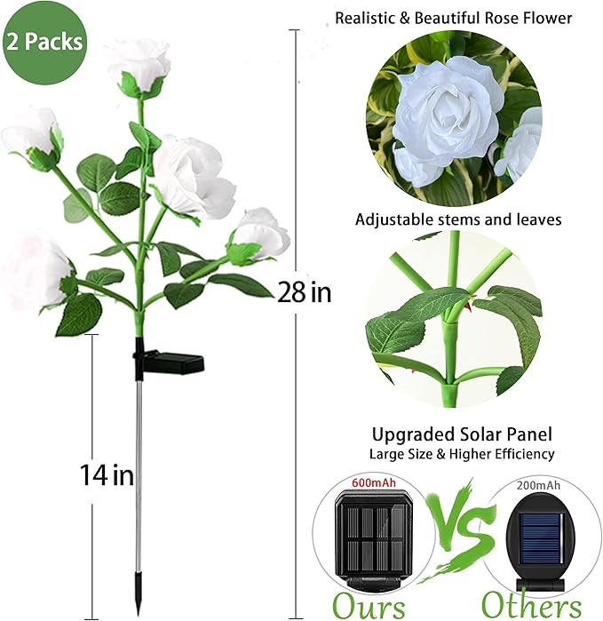10 LED 7-Color Changing Solar Rose Flower Lights Garden Decorations Outdoor Waterproof Decorative Stake Lights for Patio Pathway Yard Lawn Cemetery Decor(2 PCS White)