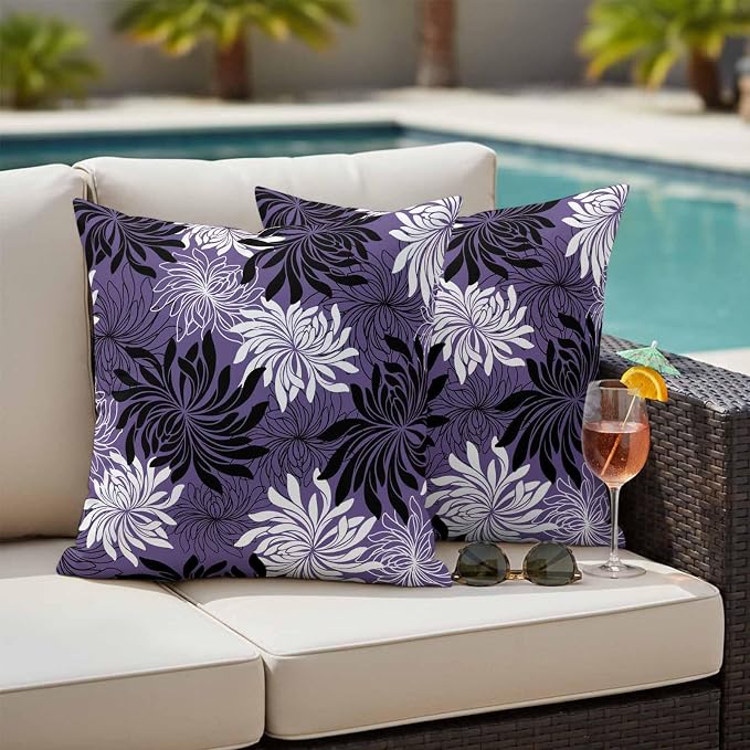 Yukro Purple Black Floral Outdoor Waterproof Pillow Covers Pack of 2, Vintage White Black Flower Purple Decorative Throw Pillowcases Cushion Covers for Garden Patio Tent Sofa Couch, 26x26 inch