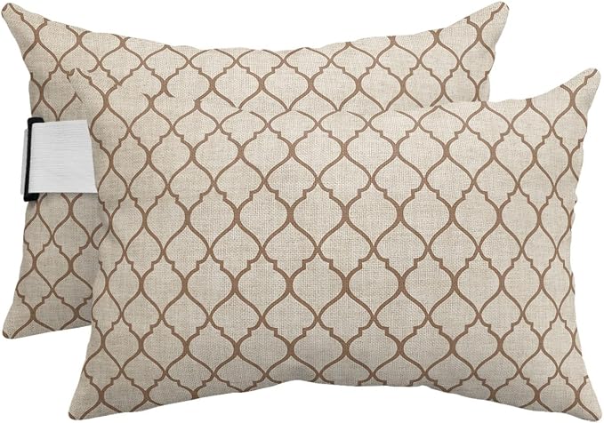 Outdoor Pillows Covers with Inserts Rustic Moroccan Geometric Quatrefoil Khaki Lattice Waterproof Pillow with Adjustable Strap Throw Pillows for Patio Furniture Recliner Lounge Chair, 11x16 inch, 2PCS