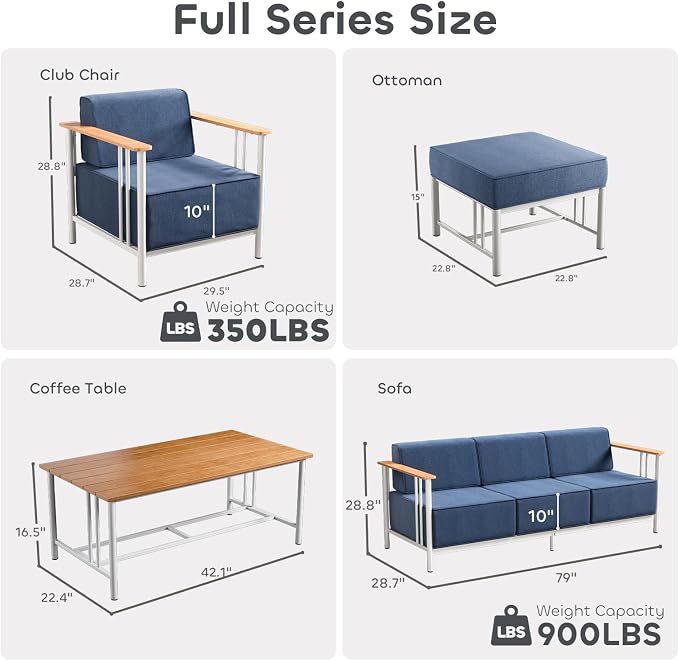 Luxury Patio Furniture Set with 10" Extra Thick Cushions, 4 PCS Outdoor Furniture Set with Patio Chairs & Couch & Coffee Table, Suitable for Porch, Balcony, Deck, Yard, Poolside, White/Blue