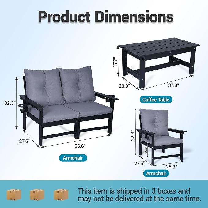 5-Piece HDPE Patio Conversation Set w/ 4 Cup Holders, All-Weather Outdoor Sectional Furniture, Thick Washable Cushions, Coffee Table & Side Table for Backyard Porch Poolside, Black