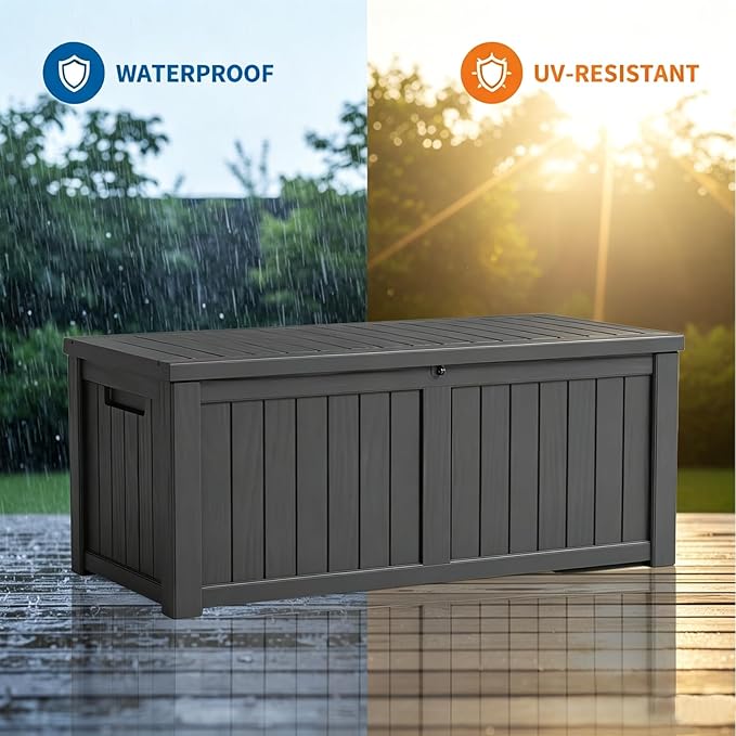 MAKINO 152 Gallon Resin Outdoor Storage Box, Waterproof Deck Box with Lockable Lid, Outside Storage Box for Patio Furniture, Pool Accessories, Garden Tools, Storage Bench for Backyard, Porch, Black