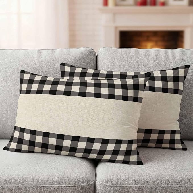 Retro Black Outdoor Waterproof Pillow Covers, Farmhouse Buffalo Plaid Vintage Beige Decorative Rectangle Throw Pillowcase Sofa Cushion Sham for Patio/Couch/Chair, 20"x12" 2 Pack