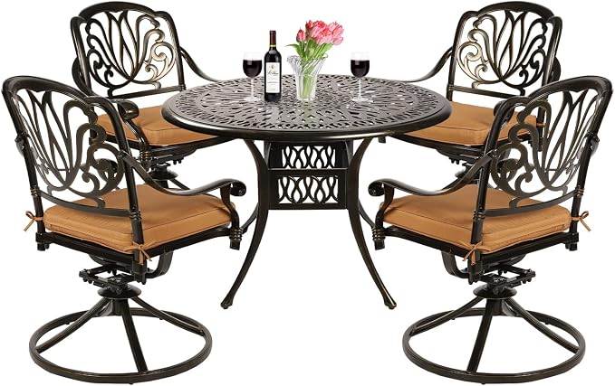 VIVIJASON 5-Piece Outdoor Patio Dining Set, All-Weather Cast Aluminum Conversation Set, Patio Furniture Set for Balcony Lawn Garden, Include 4 Swivel Dining Chairs, a 35.4" Round Table w/Umbrella Hole