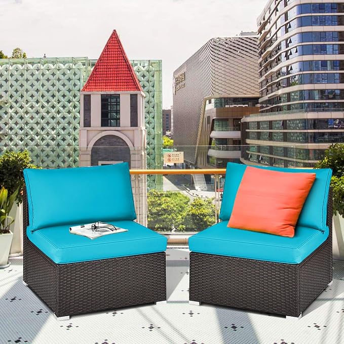 COSTWAY 2PCS PE Rattan Armless Sofa, Wicker Patio Conversation Set Chairs with Soft Cushion, Outdoor Sectional Furniture for Yard, Poolside (Turquoise)