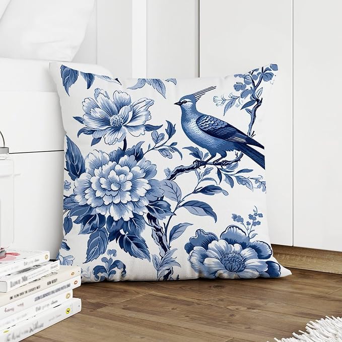 Blue Indigo Floral Chinoiserie Cushion Cases Asian Navy Lotus Bird Throw Pillow Cover Farmhouse Outdoor Waterproof Decorative Pillow Cover for Patio Funiture Garden 16x16 in