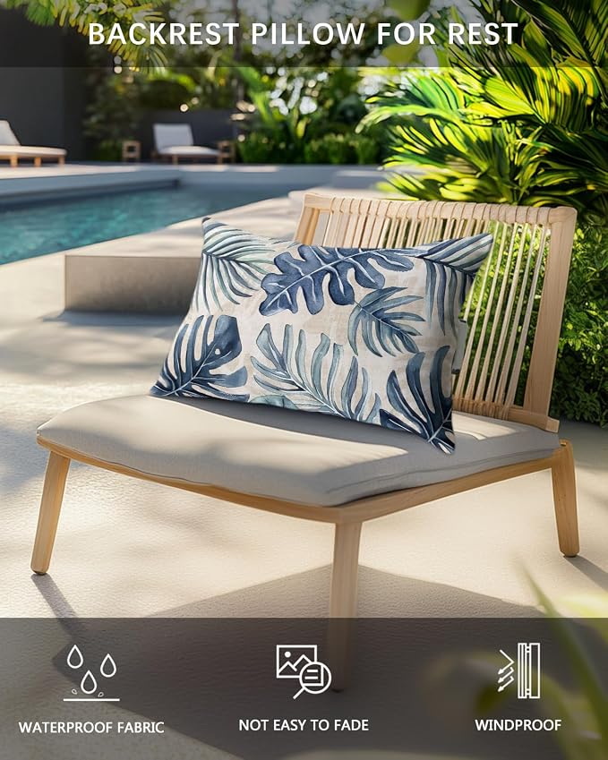 Pack of 4 Outdoor Lumbar Pillow Covers 12x20 Inch, Navy Blue Monstera Deliciosa Waterproof Throw Pillow Covers Set, Summer Botanical Tropical Vintage Decorative Cushion Cases for Patio Porch Car