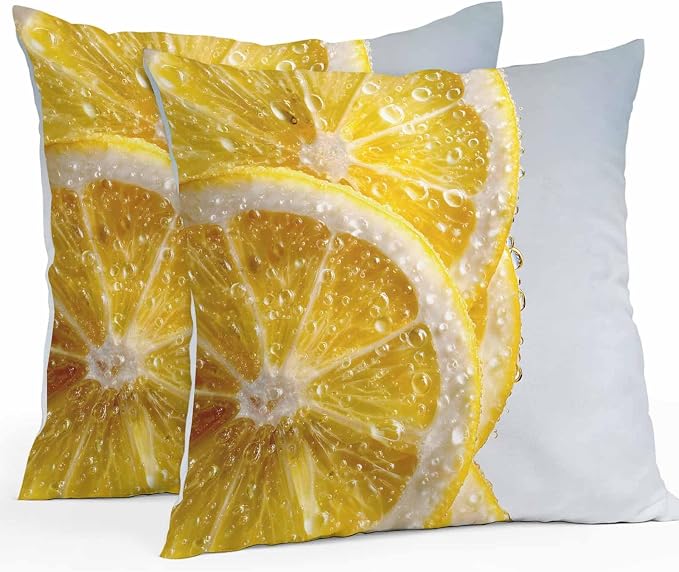 Yukro Lemon Slices Outdoor Waterproof Pillow Covers Pack of 2, Water Droplets Summer Yellow Fruit Throw Pillowcases Decorative Cushion Covers for Garden Patio Tent Sofa Couch, 18x18 inch