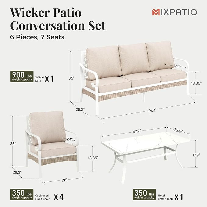 MIXPATIO 6 Piece Patio Furniture Set, 4 x Fixed Chair, 1 x 3-Seat Sofa with Marbling Coffee Table, All Cushioned 7 Seats Outdoor Conversation Set for Lawn Garden Backyard, Beige