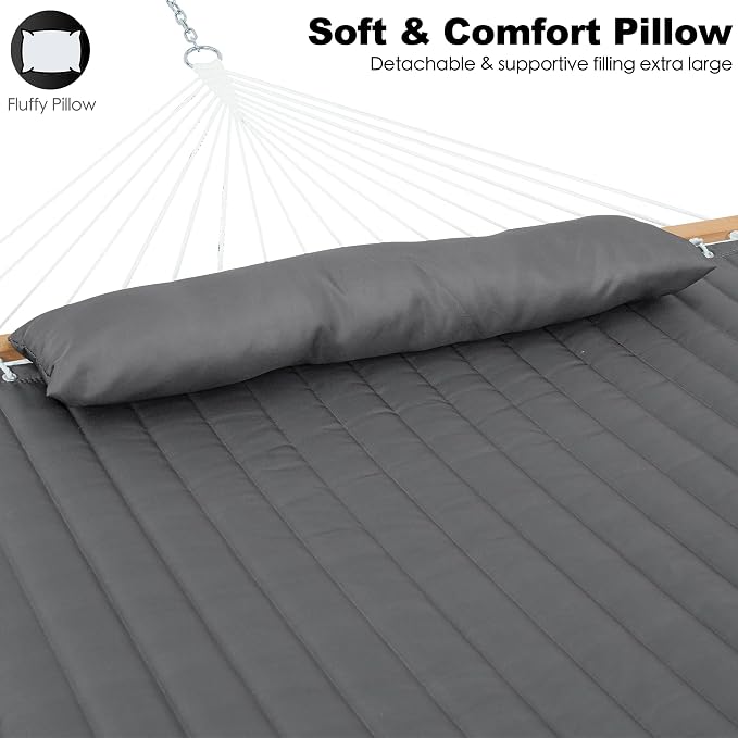 GAFETE Hammock 2 Person Quilted Fabric Hammocks for Outside, Double 12ft Hammocks with Spreader Bar, Large Removable Pillow, Storage Bag, Carabiners, Max 475 lbs Capacity (Dark Grey)