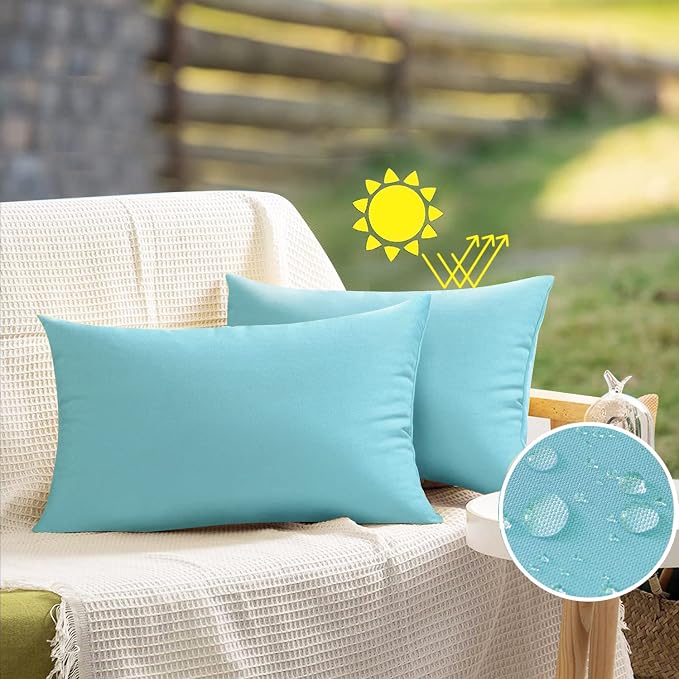VAKADO Aqua 12x20 Outdoor Waterproof Throw Pillow Covers Set of 2 Decorative Turquoise Outside Patio Furniture Cushion Cases Decor for Garden Bench Porch Couch Tent