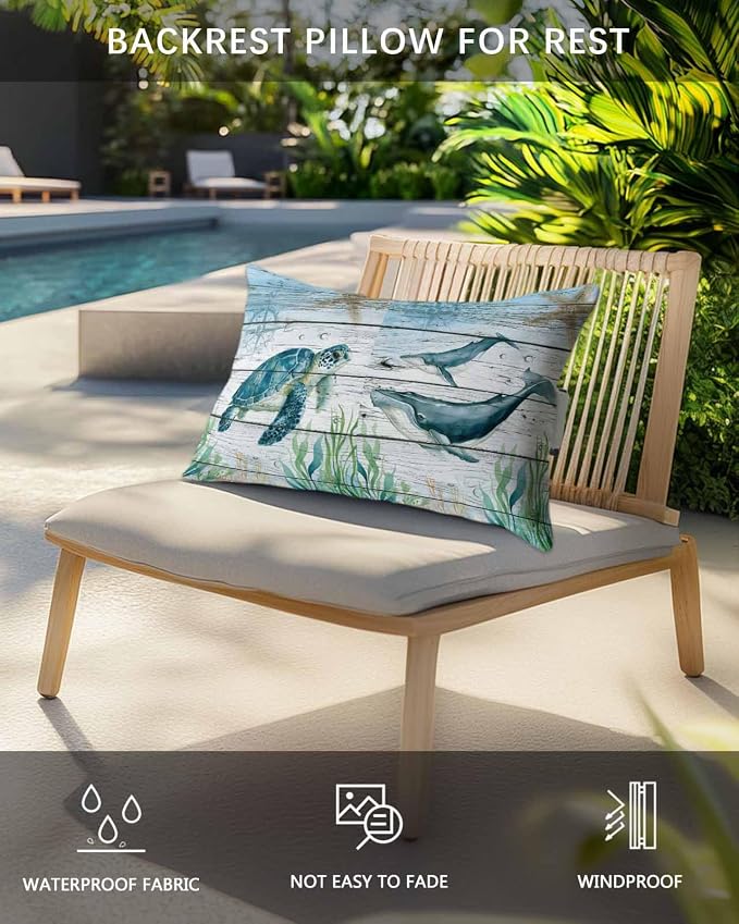 Turtle Seahorse Octopus Whale Outdoor Head Pillows for Recliner Lounge Chair,Pack of 2 Waterproof Throw Pillow Cushion Cases with Insert&Elastic Strap,Marine Life on Wood Neck Pillow for Patio Beach