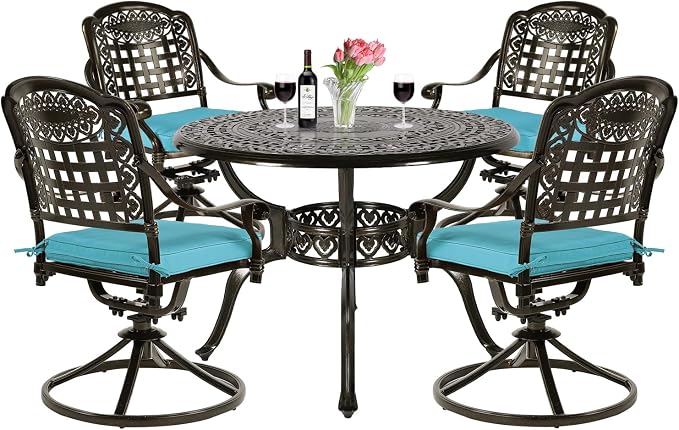 VIVIJASON 5-Piece Outdoor Patio Dining Set, All-Weather Cast Aluminum Conversation Set, Patio Furniture Set for Backyard, Include 4 Swivel Chairs, 38.5" Round Table w/Umbrella Hole, Ocean Blue Cushion
