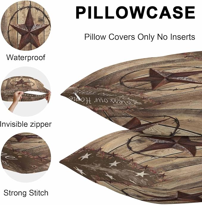 Rustic Country Outdoor Pillow Covers 16x16 Inch Throw Pillow Covers Set of 2 Waterproof Decorative Pillow Cases Western Stars Brown Texture Wooden Print Cushion Covers for Patio Furniture Garden Couch