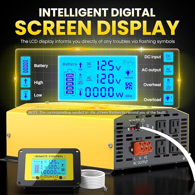2000W Pure Sine Wave Inverter 12V DC to 120V AC Converter for Home, RV, Truck, Off-Grid Solar Power Inverter Built-in 3.1A USB, Type-C Port, AC Hardwire Output Port, Remote Control with LCD Screen