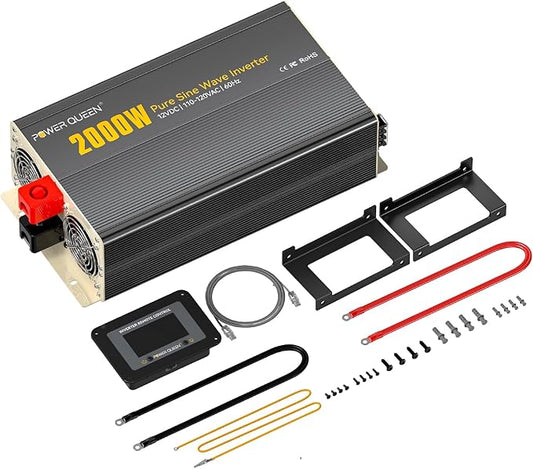 Power Queen 2000W Pure Sine Wave Inverter, Solar Power Inverter 12V DC to 110V-120V AC Converter with 2 AC Outlets, LCD Display for Off-Grid Solar Power System, RV, Truck, Home Appliances