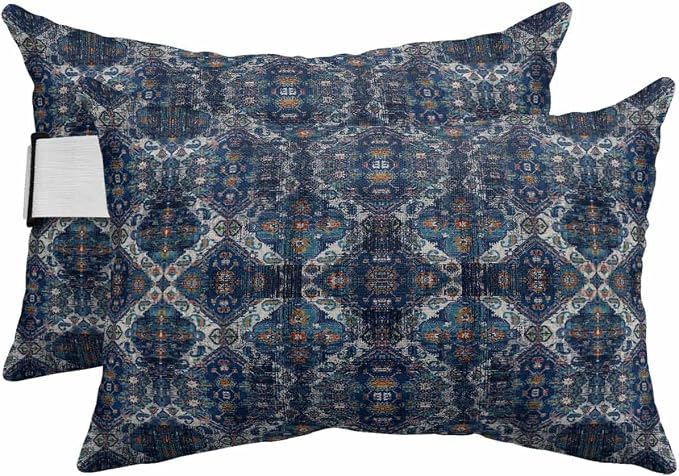 Chaise Lounge Head Resting Pillows,Ethnic Retro Abstract Geometric Texture Blue Outdoor Chaise Pillows,Waterproof Patio Furniture Pillows with Insert and Adjustable Elastic Strap for Beach Chair