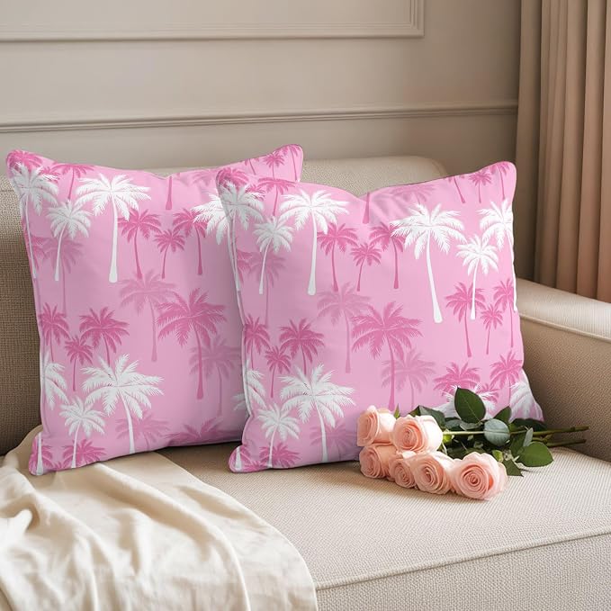 Throw Pillow Covers 16x16 Inch Set of 2, Tropical Palm Tree Waterproof Outdoor Pillow Covers, Magenta Pink Plants Coastal Leaf Beach Decorative Cushion Pillowcases for Couch, Sofa, Bed, Garden, Patio