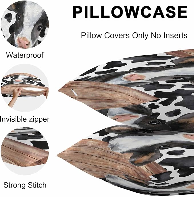 Cow Printed Outdoor Pillow Covers 24x24 Inch Throw Pillow Covers Set of 2 Waterproof Decorative Pillow Cases Farmhouse Watercolor Country Wooden Grain Cushion Covers for Patio Furniture Garden Couch