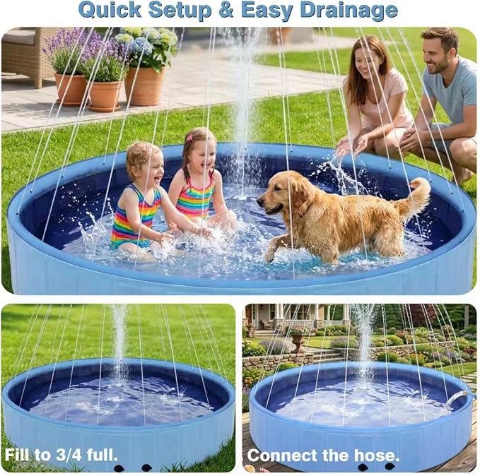 Eooqi Foldable Dog Pool with Sprinkler, 71 Inch Extra Large Thickened Splash Pool, 2-in-1 Outdoor Summer Water Play Toy, Non-Slip Hard-Side Kiddie Pool for Backyard Dogs, Kids & Pets (Blue, 71''-3XL)