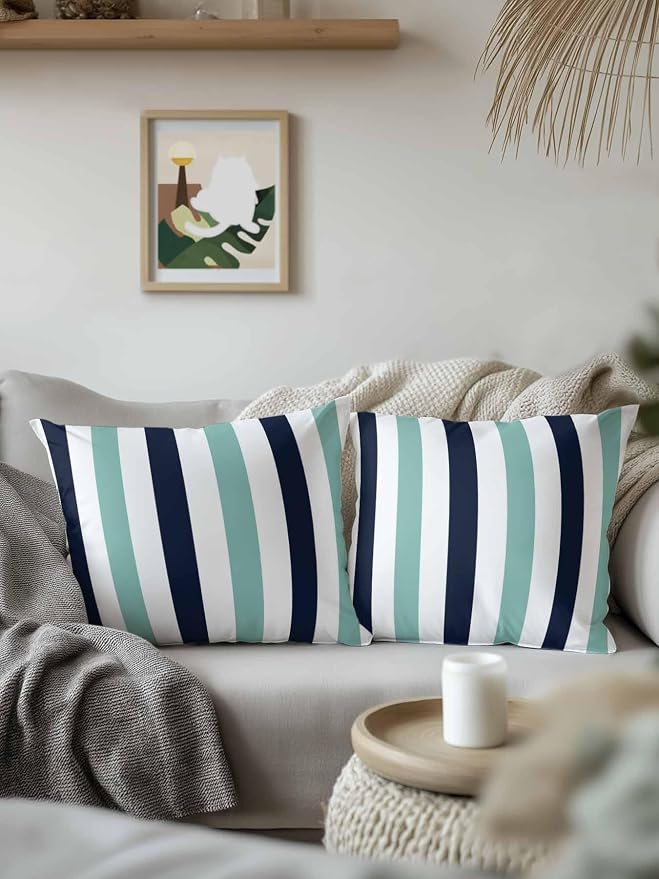 Outdoor Pillows Waterproof, Turquoise Navy Blue Striped Bedding Throw Pillows with Insert for Couch Sofa Bed, Farmhouse Stripe Art 18x18 Inch Pillowcases Camping Patio Pillow Set of 2