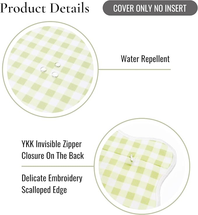 Hofdeco Premium Grandmillennial Coastal Hampton Patio Indoor Outdoor Throw Pillow Cover Only, 20"x20" Water Repellent for Backyard, Couch, Poolside, Grass Green Print Gingham