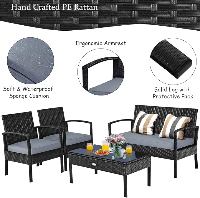 Tangkula 8-PCS Wicker Patio Conversation Furniture Set, Outdoor Rattan Chair and Table Set, Patio Furniture Sets with Coffee Table & Washable Cushions for Courtyard Balcony Garden (2, Black)