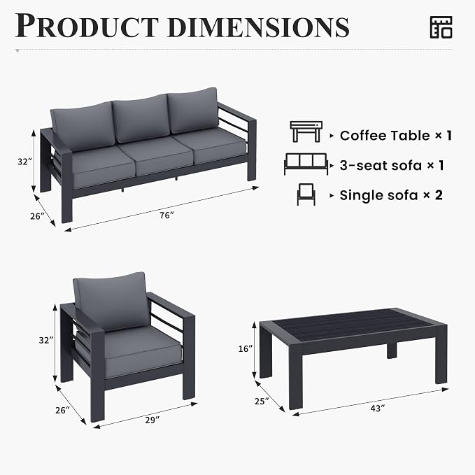 Aluminum Patio Furniture Set, Grey Metal Outdoor Furniture Set,6 Piece Patio Set with Waterproof Covers for Backyard Garden