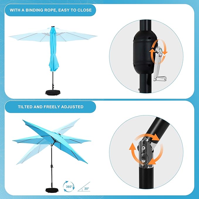 Sundale Outdoor Solar 88 LED 10 ft Patio Umbrella with Sand Bag Umbrella Base, Outdoor Umbrella with Tilt and Crank, Sky Blue