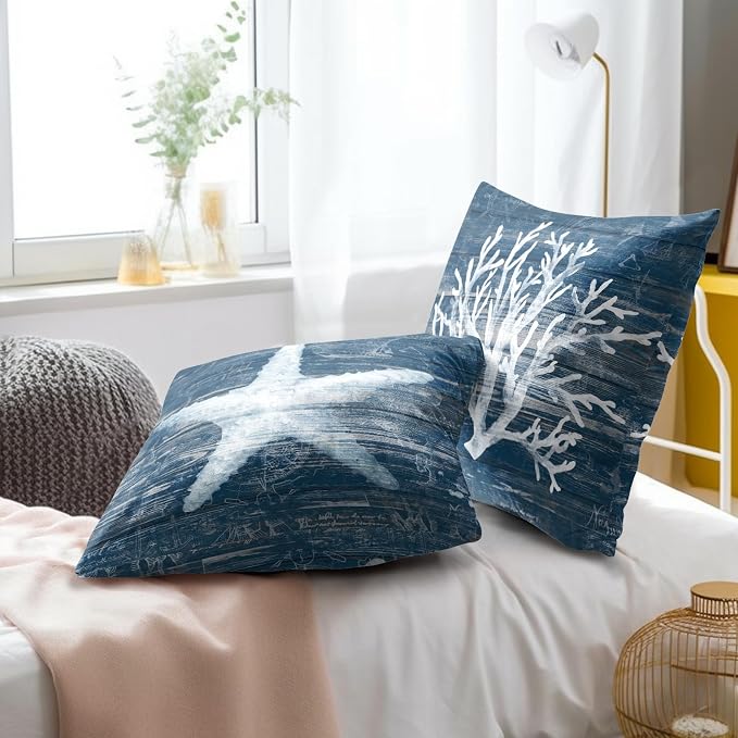 Nautical Coral Starfish Pillow Covers 22x22 Inch, Set of 2 Summer Coastal Beach Navy Blue Wood Cotton Square Pillowcases for Couch Bed Sofa Ocean Themed Seasonal Decoration