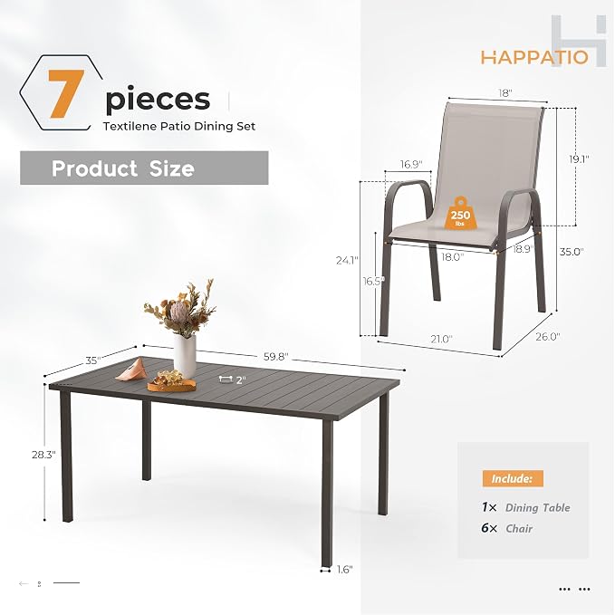HAPPATIO Outdoor Patio Dining Set, 6 Quick Dry Textilene Dining Chairs and Dining Table with Umbrella Hole, Stackable Textilene Chairs for Garden, Patio and Poolside Backyard, Grey