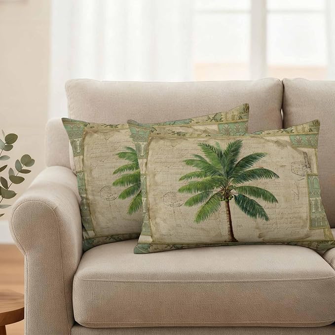 Summer Palm Trees Outdoor Pillow Covers 20"x12" Set of 2, Green Tropical Leaves Retro Boho Vintage Texture Waterproof Throw Pillow Covers for Patio Furniture, Decorative Cushion Covers for Porch